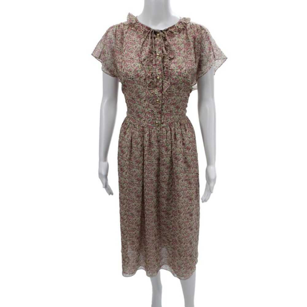 Celine Women Fit & Flare Floral Silk Dress Short Sleeve Round Neck Size 38